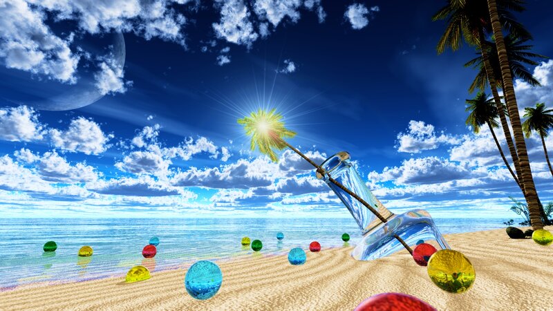 Glass Bottle on Beach — Blue, Dreamy