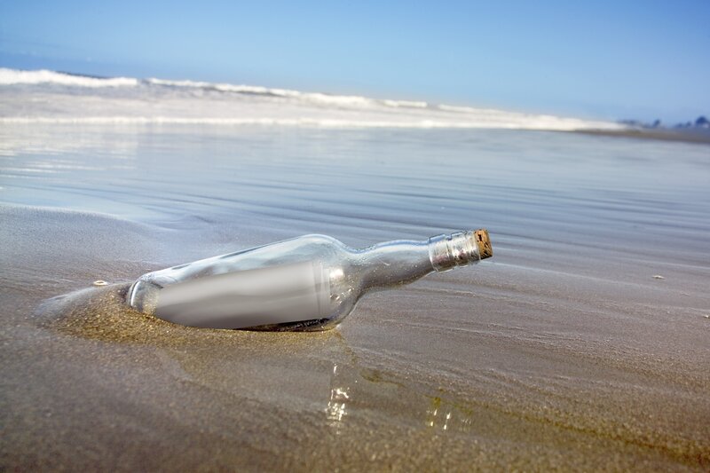 Glass Bottle on Beach — Blue, Serene, Afternoon, Photograph