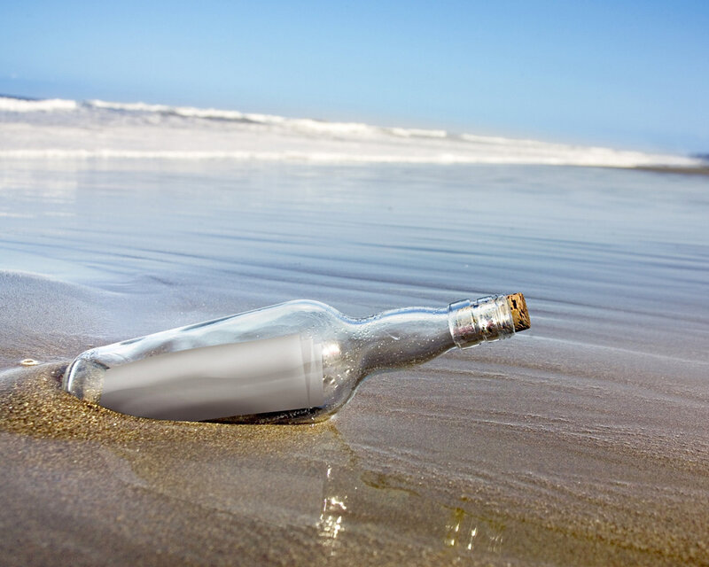 Glass Bottle on Beach — Blue, Serene, Afternoon