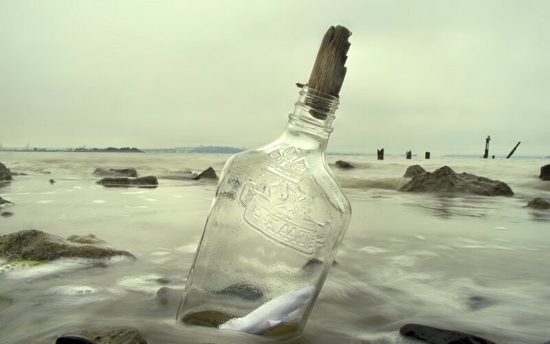 Glass Bottle on Beach — Gray, Dreary