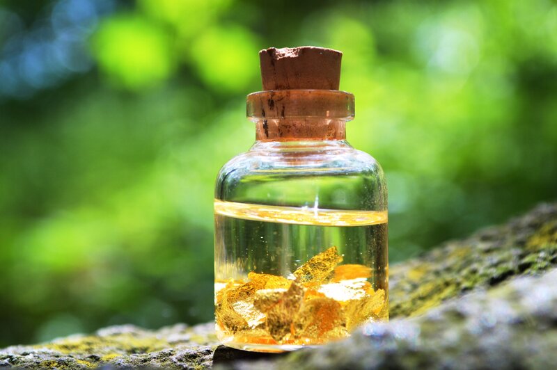 Glass Bottle with Gold Flakes — Green