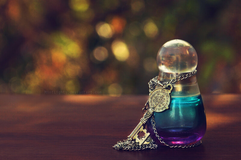 Glass Bottle with Key — Blue, Mysterious