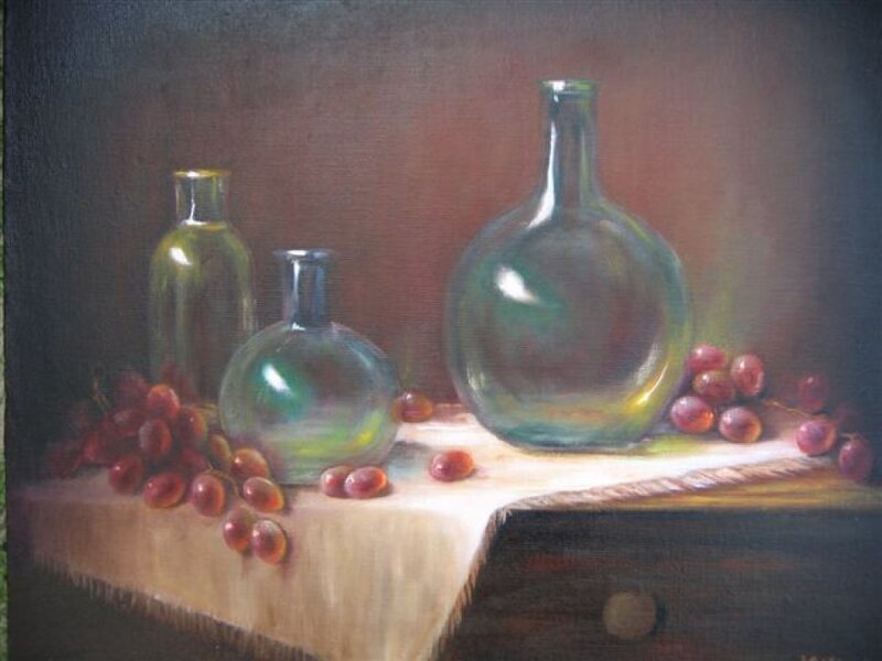 Glass Bottles and Grapes