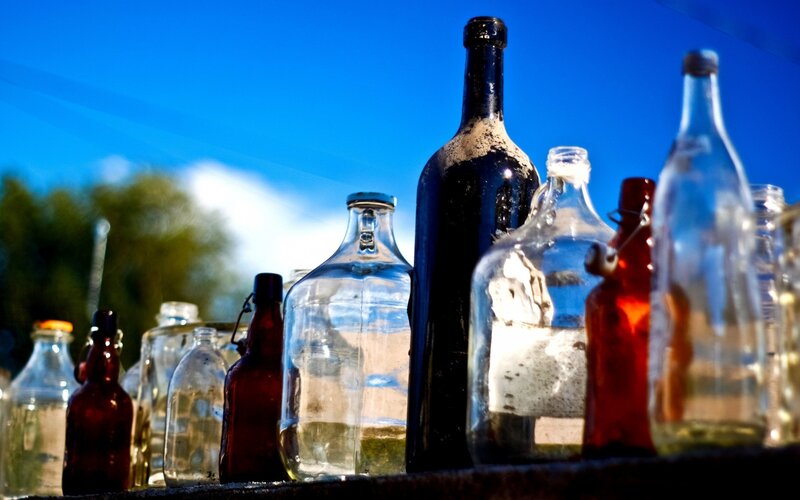 glass bottles in sunlight