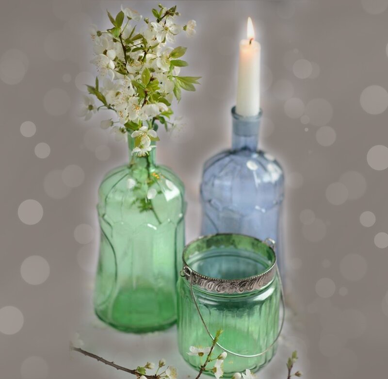 Glass Bottles with Flowers — Green