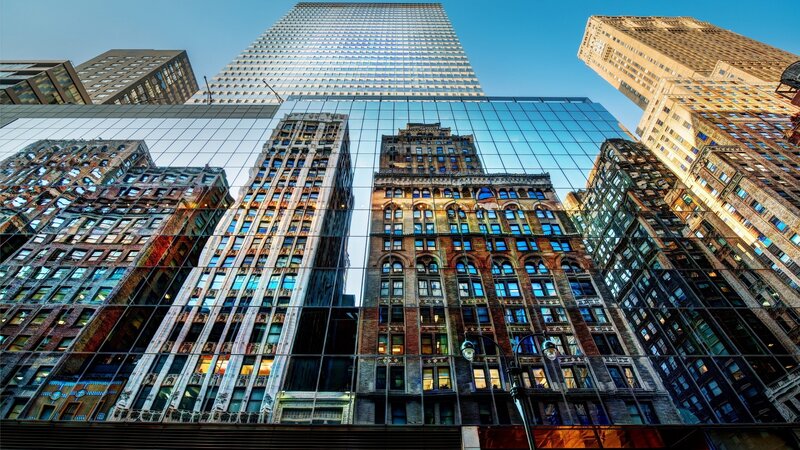 Glass Building Reflection — Blue, Dramatic