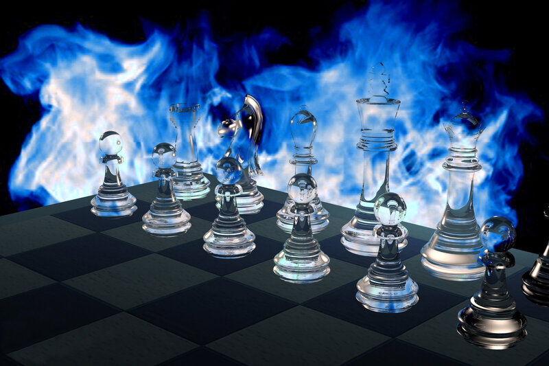 Glass Chess Pieces on Board — Black, Dramatic, 3d Render, Chessboard, Blue Flames
