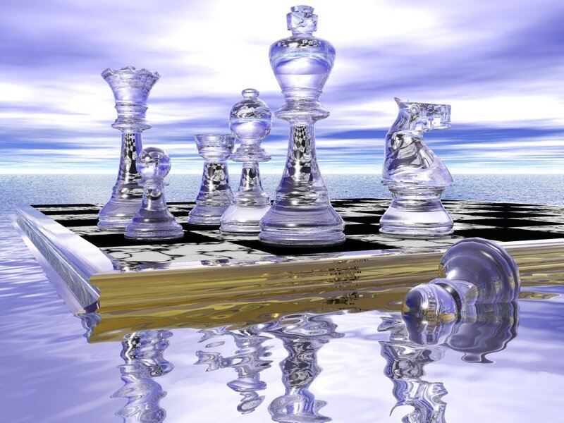 Glass Chess Pieces on Board — Blue