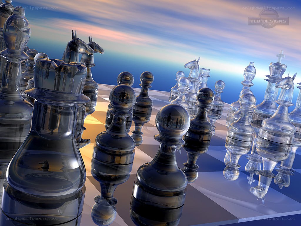 Glass chess pieces on reflective board