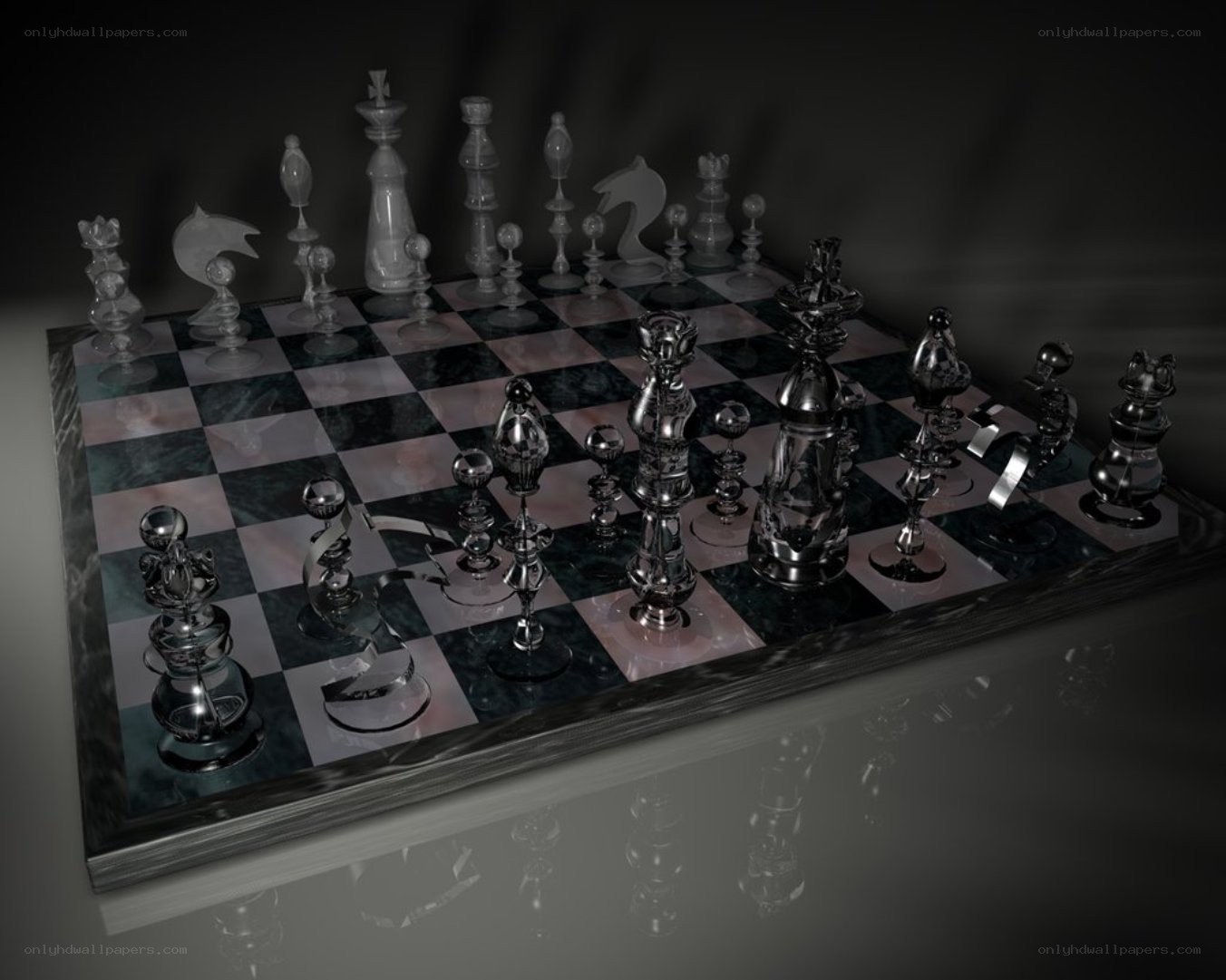 glass chess set on marble board