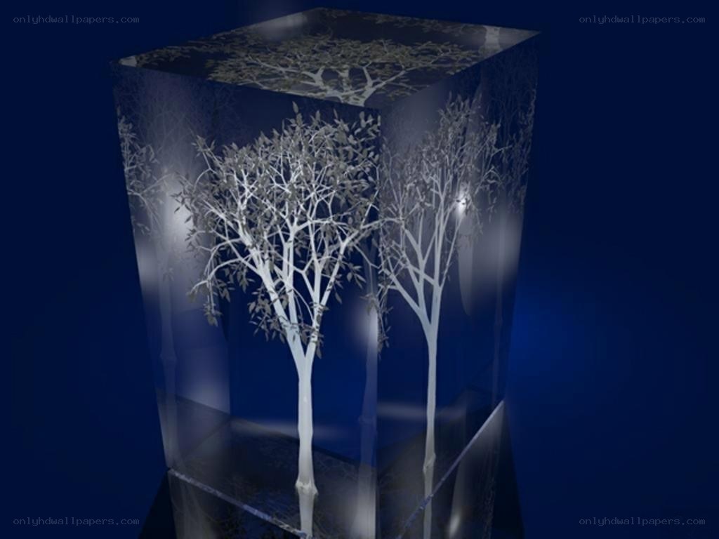 glass cube with tree sculptures