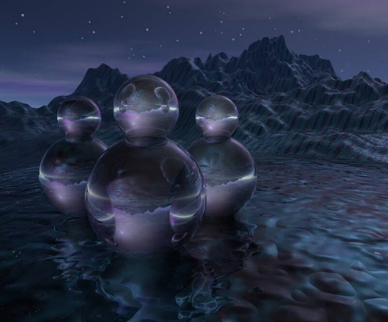 Glass figures in a dreamy landscape