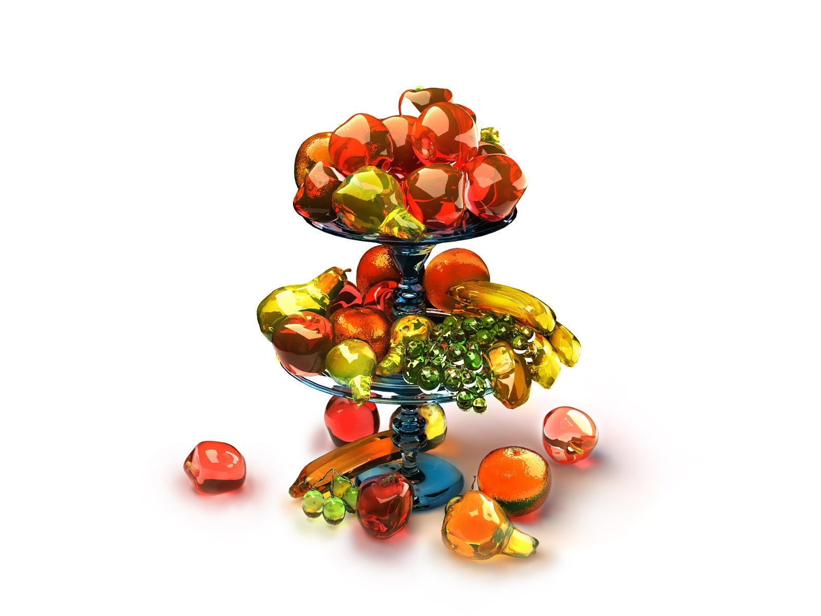 glass fruit on a tiered stand