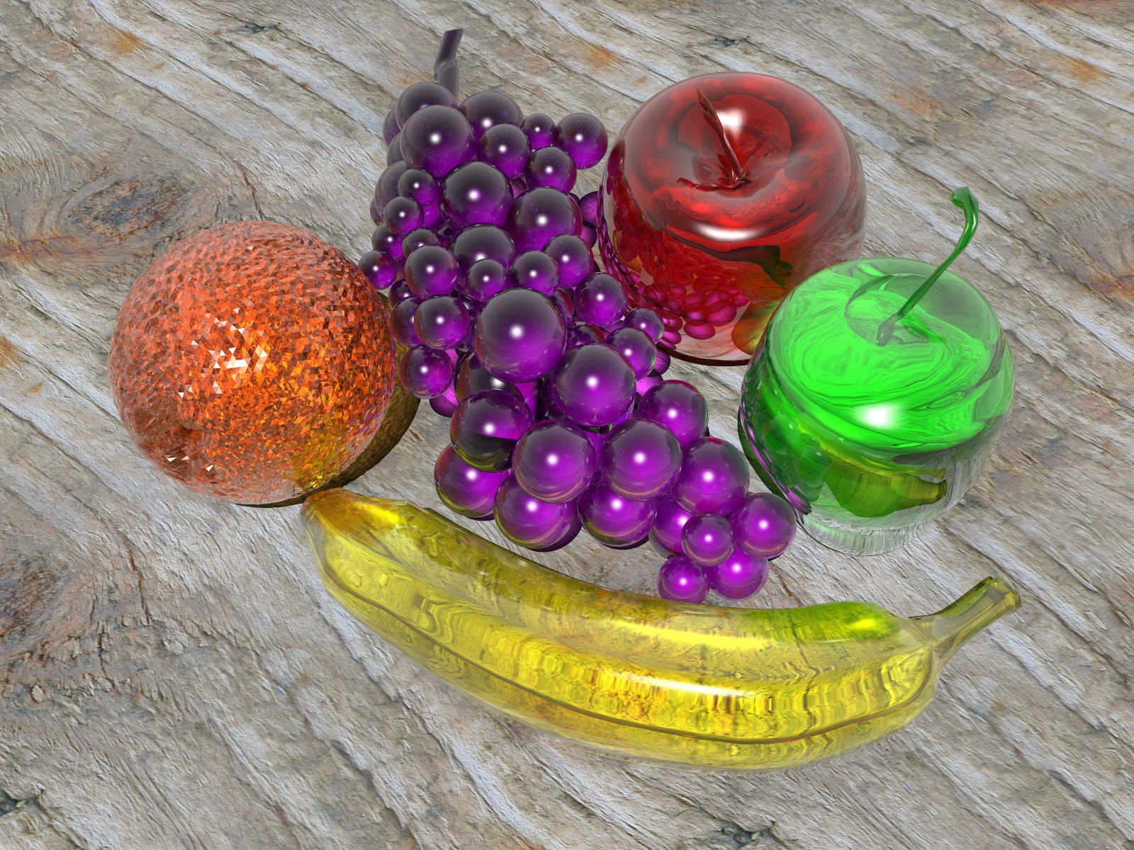 glass fruit on wood