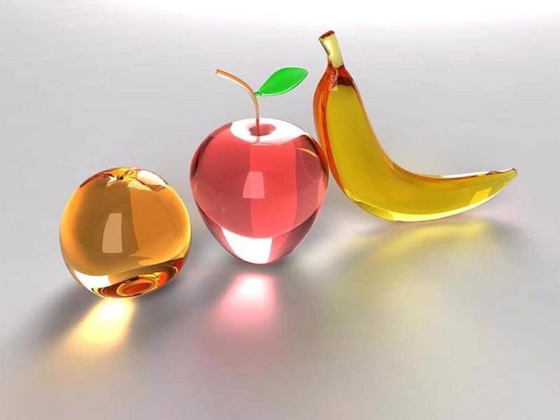 Glass Fruit Sculpture — Red, Calm, 3d Render, Apple, Banana, Orange