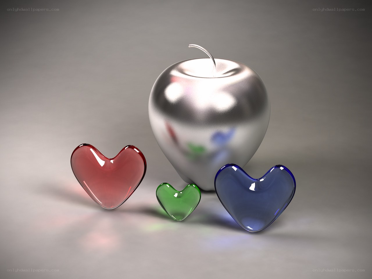 glass hearts and silver apple