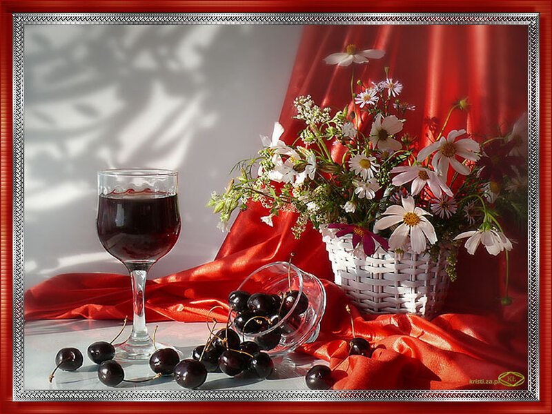 Glass of Red Wine and Cherries