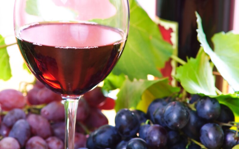 glass of red wine with grapes