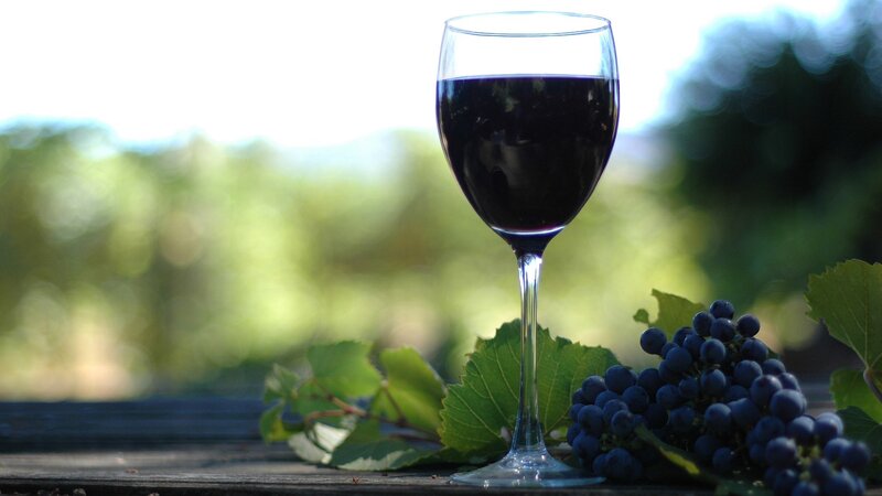glass of red wine with grapes