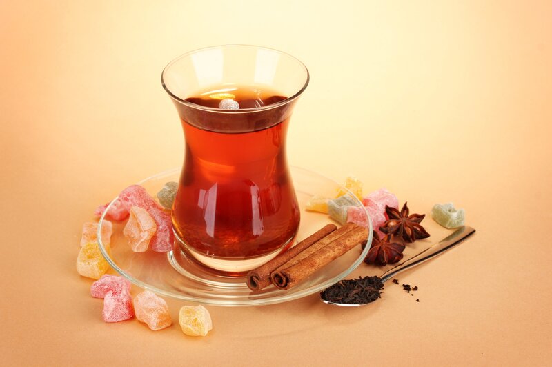 Glass of Tea with Candies — Brown, Warm, Photograph