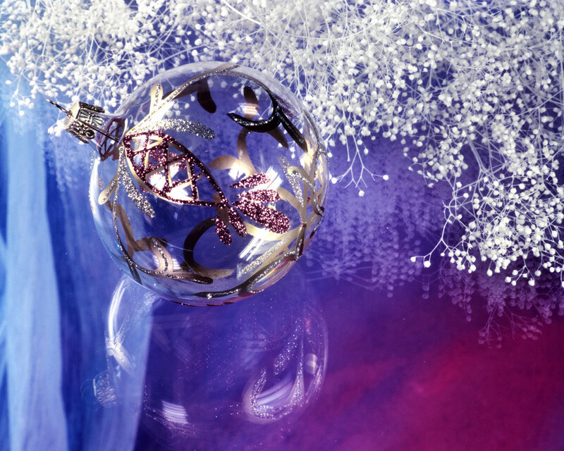 Glass Ornament with Glitter — Blue, Festive, Photograph, White Flowers, Reflection