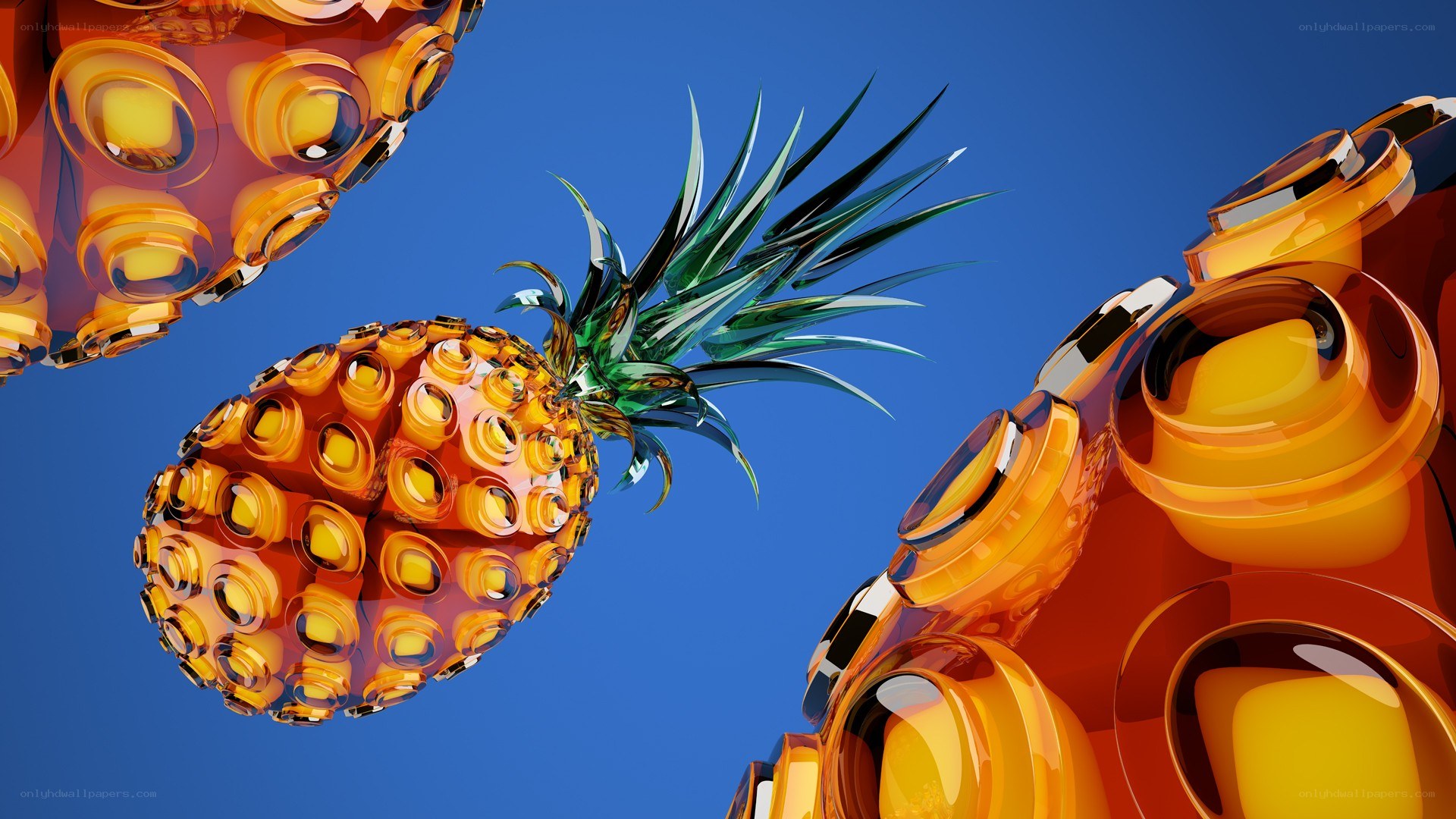 glass pineapples against blue sky