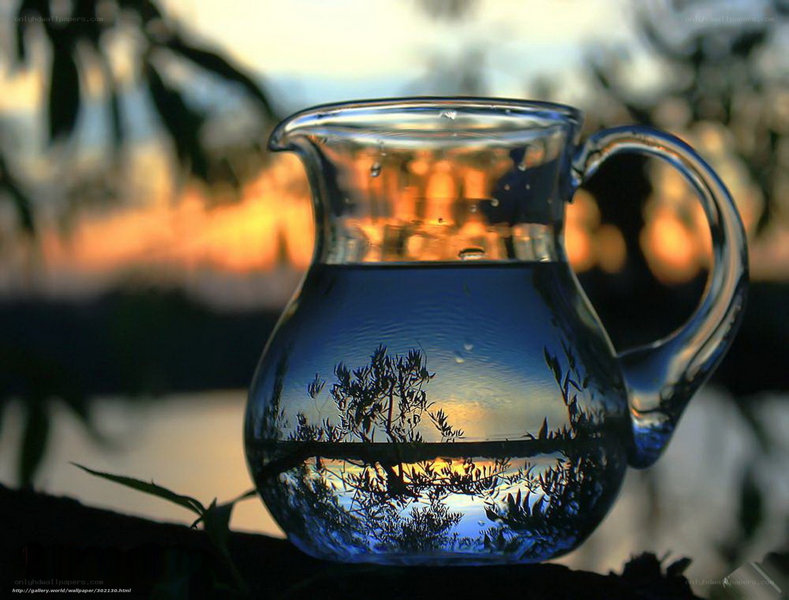 Glass pitcher with sunset reflection