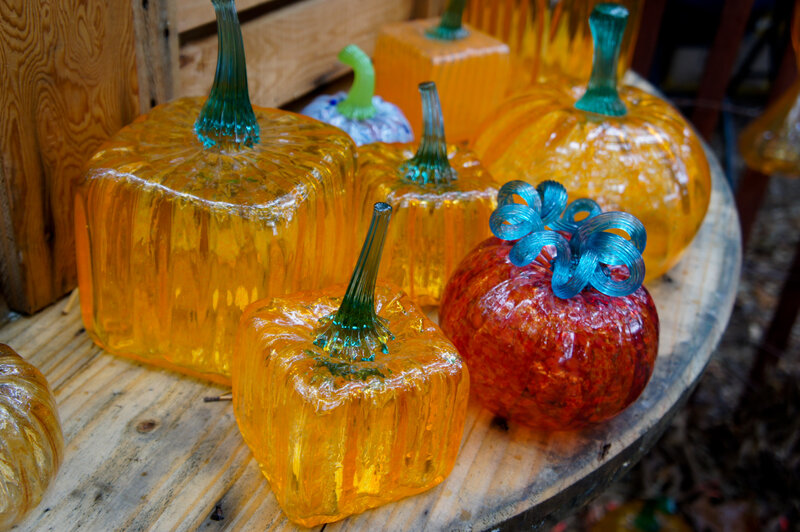 Glass Pumpkins on Wood