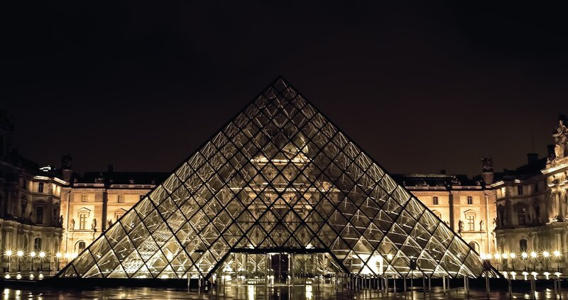Glass Pyramid at Night — Black, Dramatic, Photograph