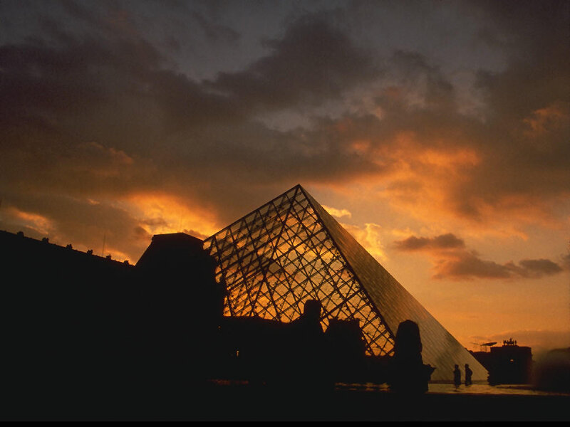 Glass Pyramid at Sunset — Orange, Dramatic, Photograph, Sky