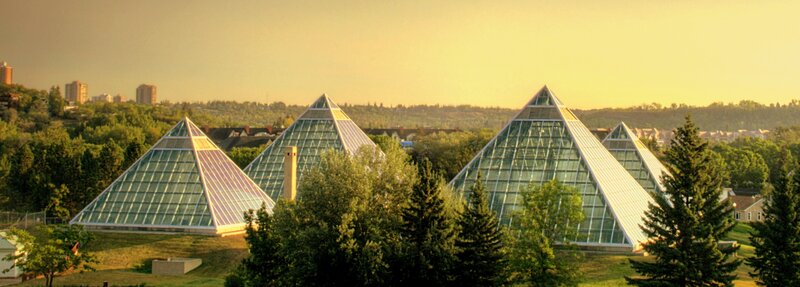 glass pyramids at sunset