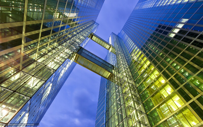 Glass Skyscrapers at Dusk — Blue