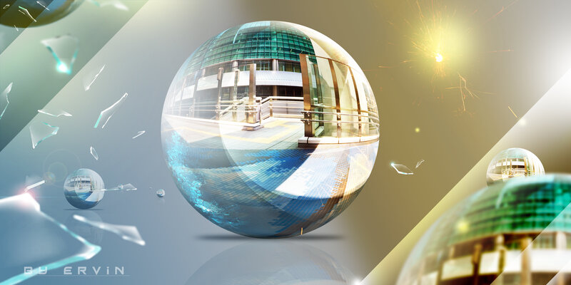 glass spheres with building reflections