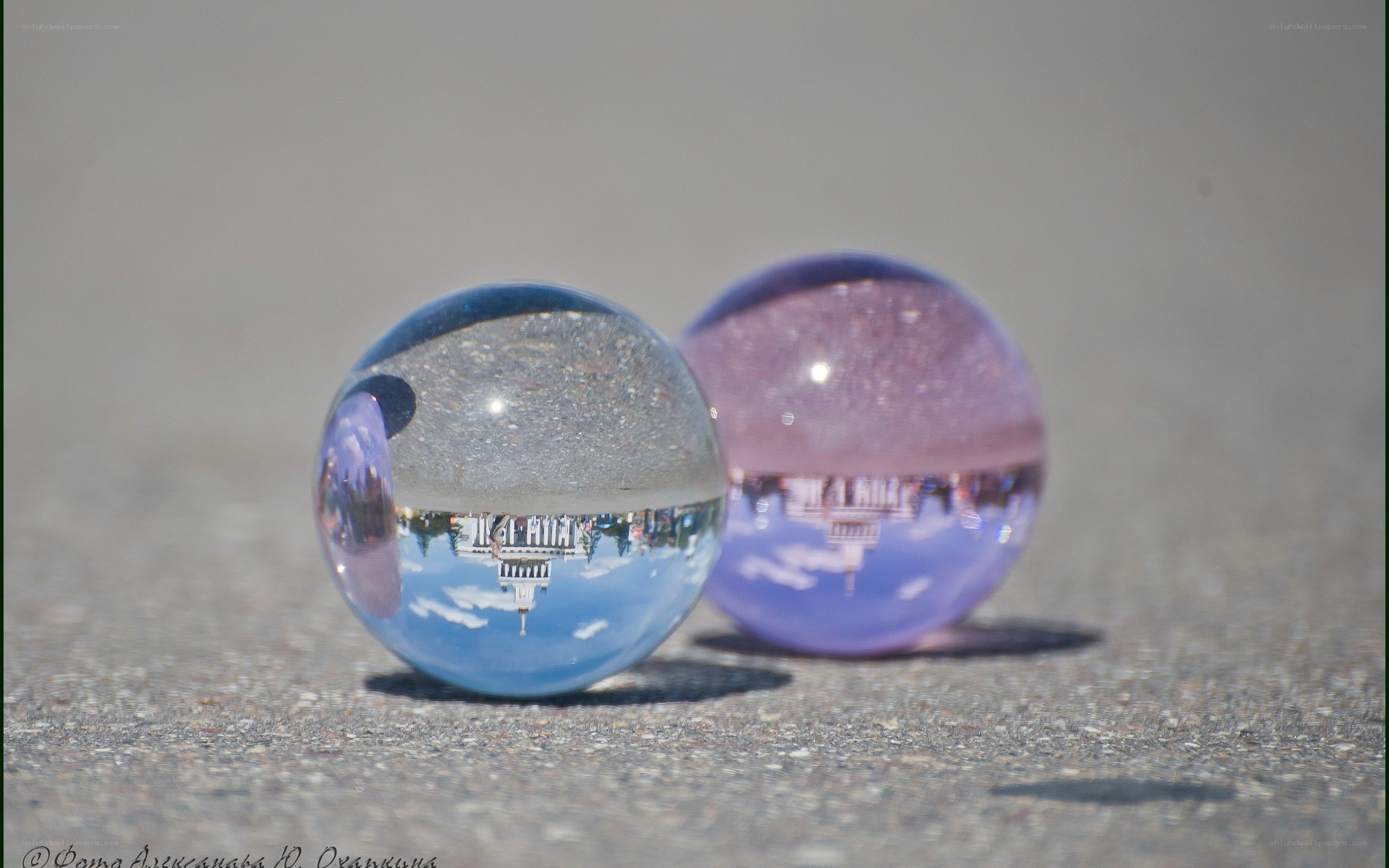 Glass spheres with city reflection