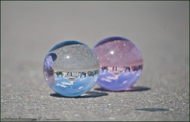Glass spheres with city reflection