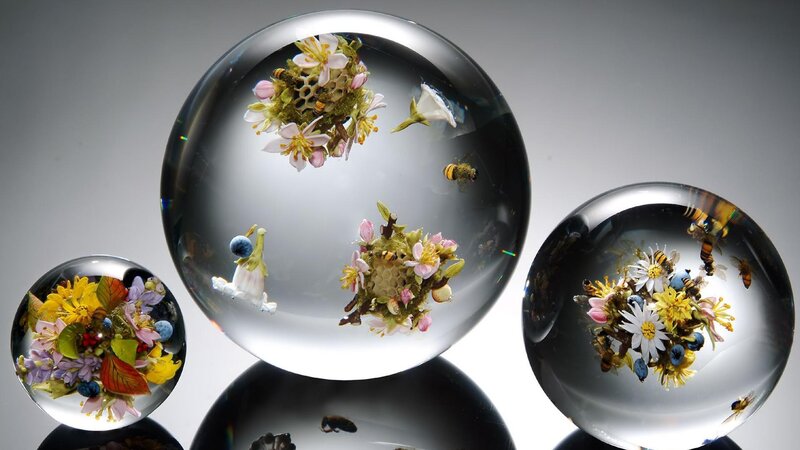 glass spheres with flowers and bees