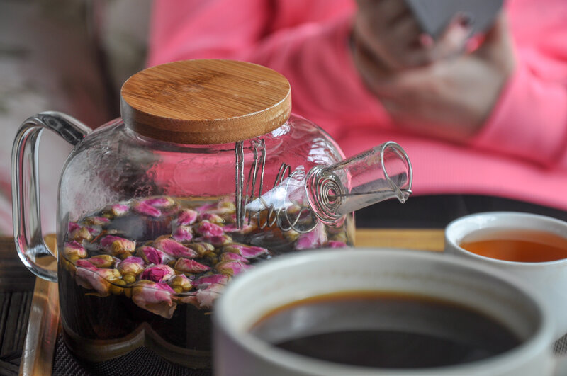 Glass Teapot with Flowers — Pink