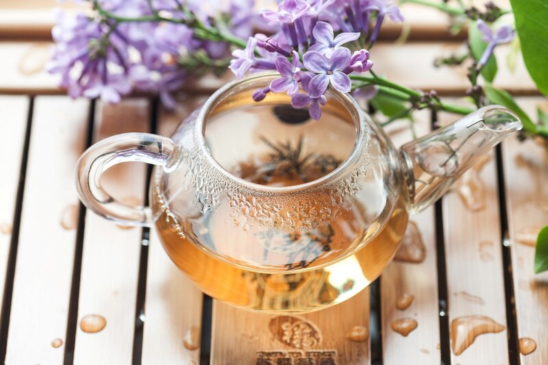Glass Teapot with Lilacs