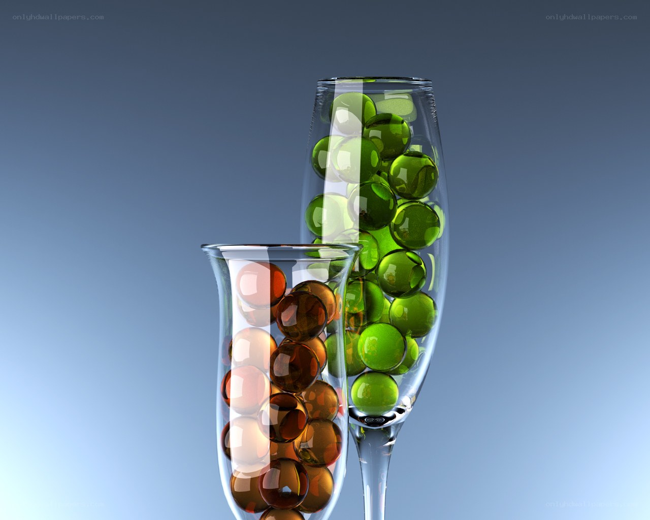 Glass vases with colorful spheres