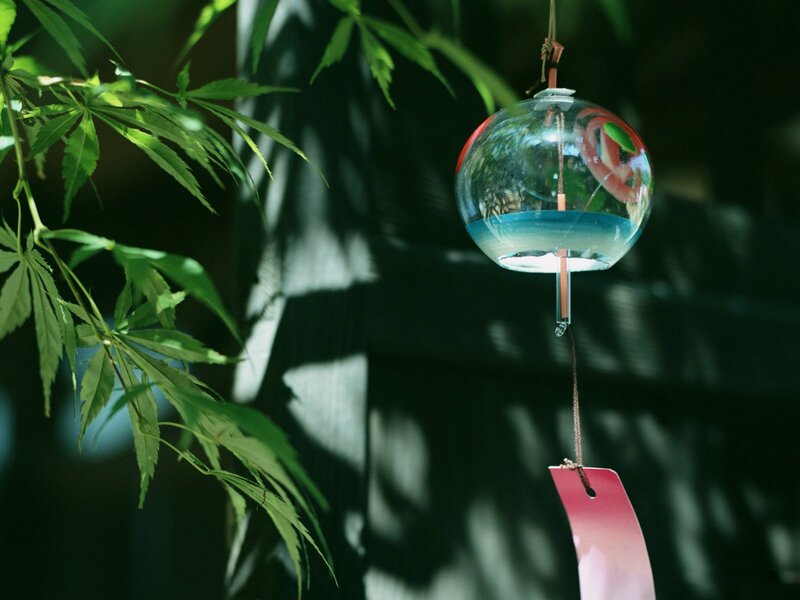 Glass wind chime with green leaves