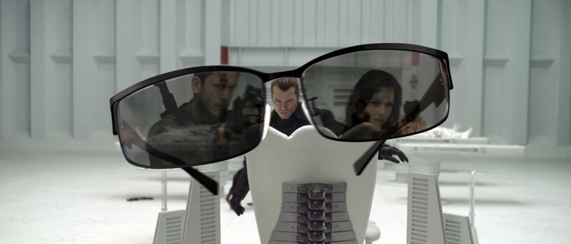 Glasses reflecting armed figures
