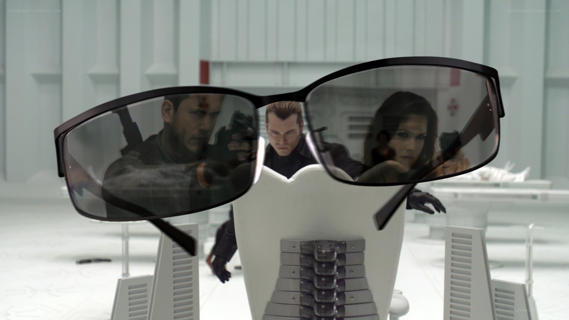 Glasses reflecting armed figures