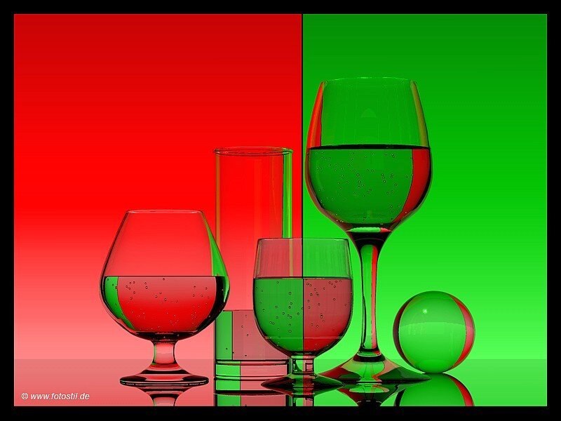 glassware on red and green background
