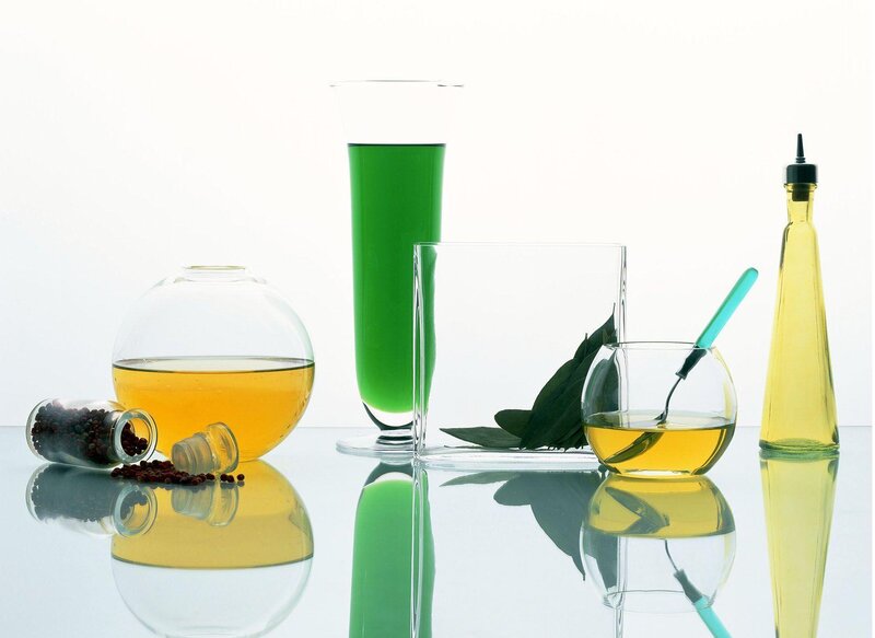 glassware with liquids and spices