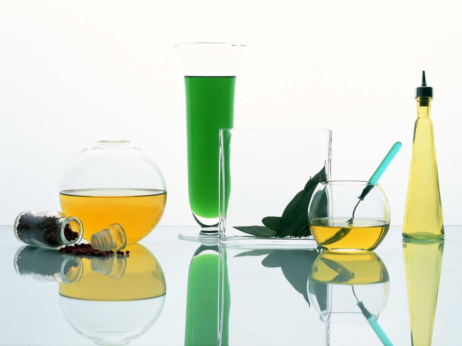 glassware with liquids and spices