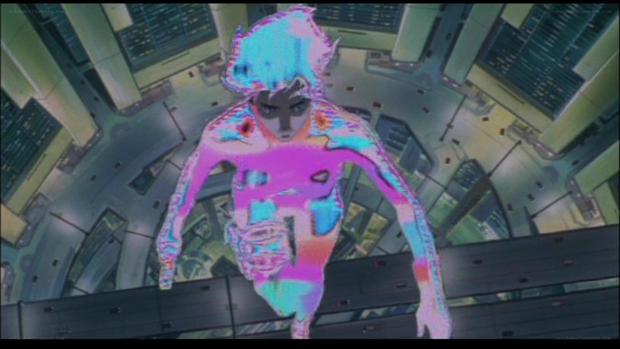 glitching anime character in city