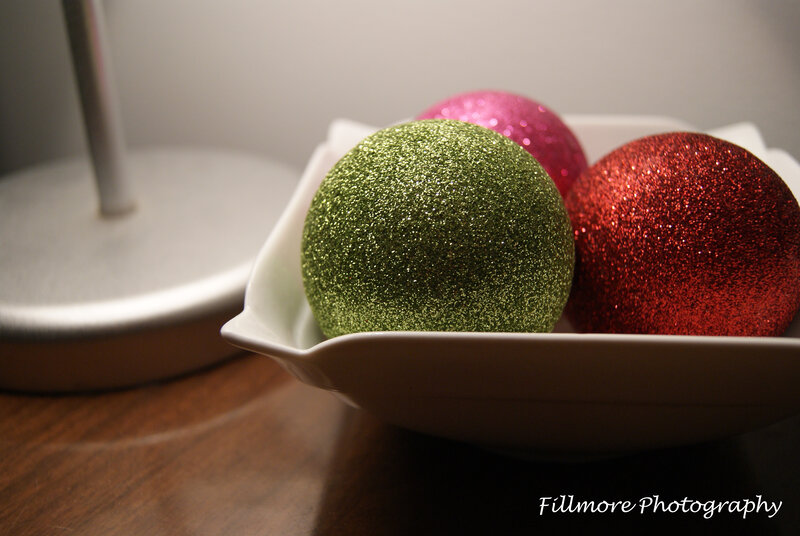 Glitter ornaments in a bowl