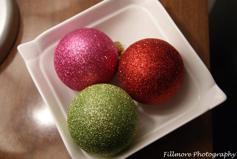 glittery ornaments in a dish