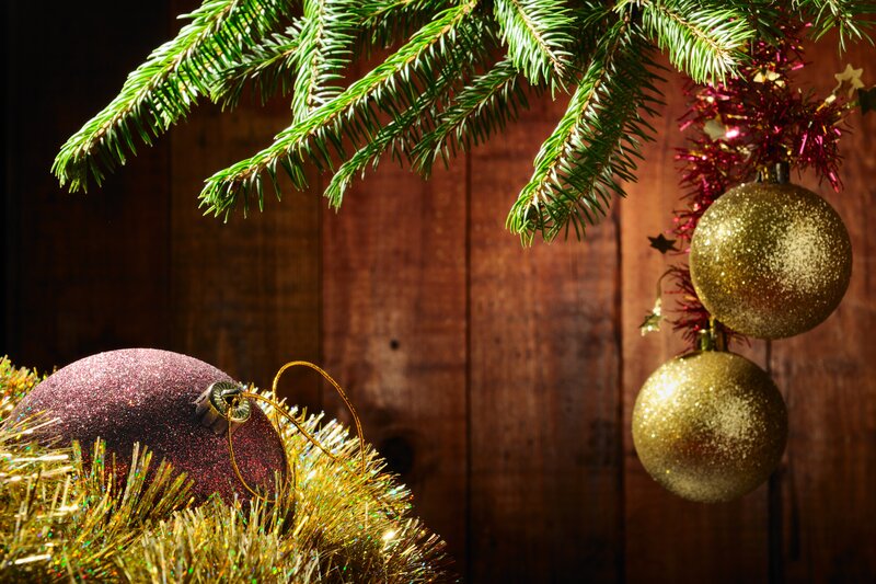 Glittery Ornaments on Tree — Gold