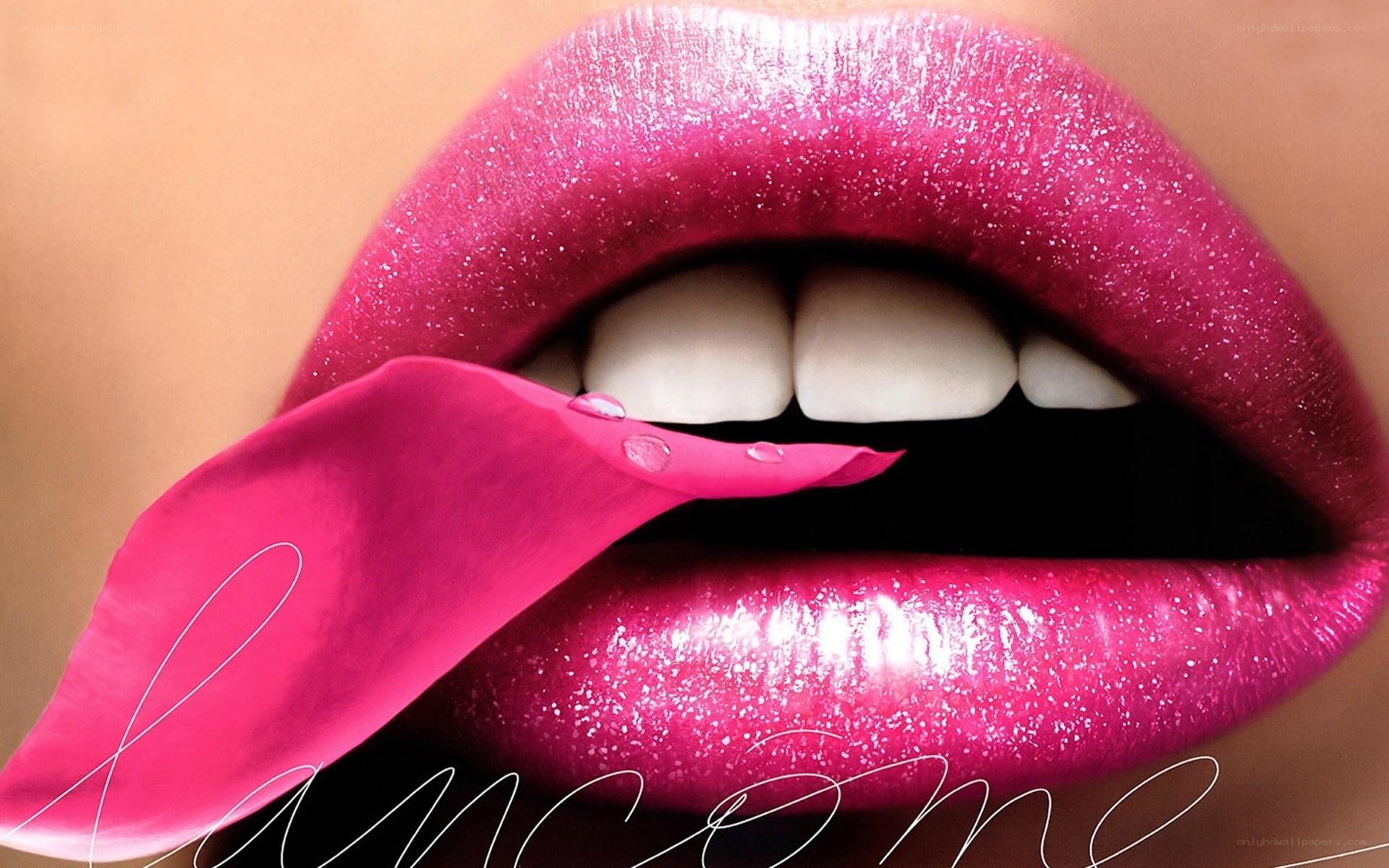 glittery pink lips with rose petal